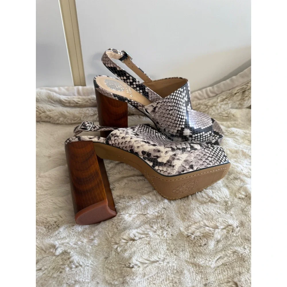 Vince Camuto Womens Snakeskin Print Platform Slingback Block Heels Brown Size 10